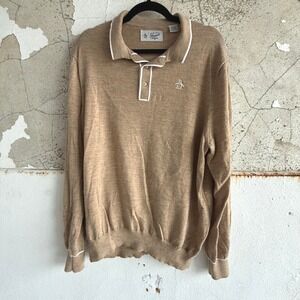 Original Penguin Sweater Merino Wool Polo Long Sleeve XXL Camel Knit Pullover